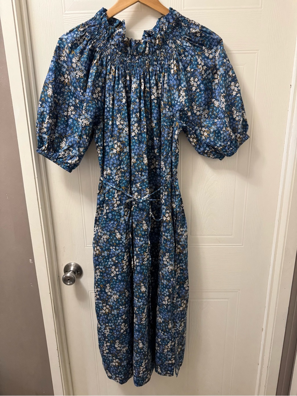 J. Crew Blue Floral Smocked Midi Dress with Puff Sleeves - Picture 7 of 9